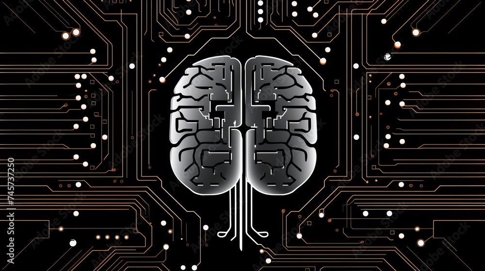 Poster vector printed circuit board human brain. concept illustration of cpu in the center of computer syst