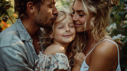 Young mother and father showing affection to their daughter through kisses - AI Generated - obrazy, fototapety, plakaty