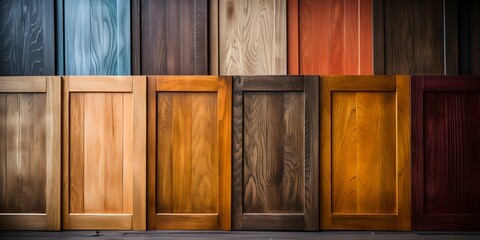Display of various wooden cabinet doors at a market stall. Concept Woodworking, Furniture Design, Marketplace Display, Interior Decor, Handcrafted Products