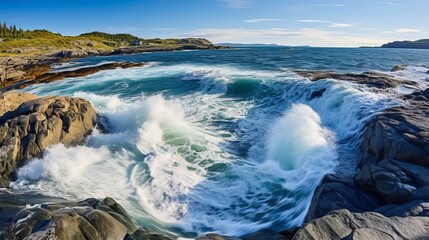 Waves of water of the river and the sea meet each other during high tide and low tide. Whirlpools of the maelstrom of Saltstraumen, Nordland, Norway - obrazy, fototapety, plakaty