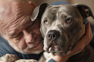 Elderly Man Expressing Affection, Embracing His Loyal Grey Pitbull Dog