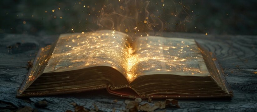 Beautiful open magic book for education with magic light effect background. Generated AI image