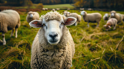Obraz premium close up sheep on pastoral landscapes dotted with sheep - AI Generated