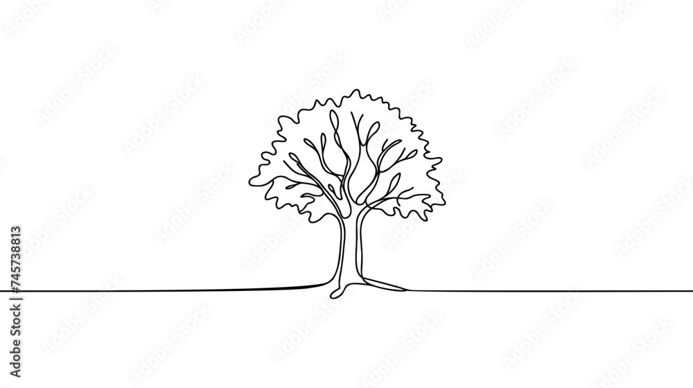 Poster tree in continuous line art drawing style. giant and powerful tree black linear design isolated on w