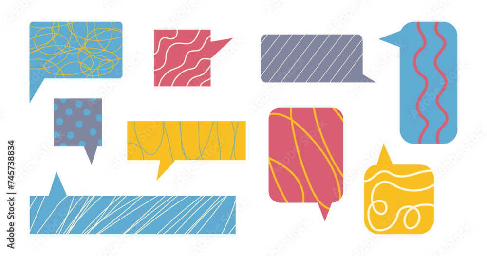 Poster set of message box with creative curves, scribbling textured, lines inside in retro style. flat desi