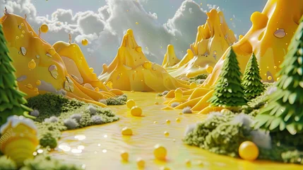 Foto op Aluminium Cheese Melt Wonderland - A whimsical 3D render of a wonderland where hills and valleys are made of melting cheese, populated by creatures enjoying the cheesy delight © Sataporn