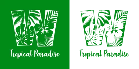 Fototapeten Logo destino de vacaciones. Mensaje Tropical Paradise con letra inicial W con silueta de plantas tropicales © teracreonte