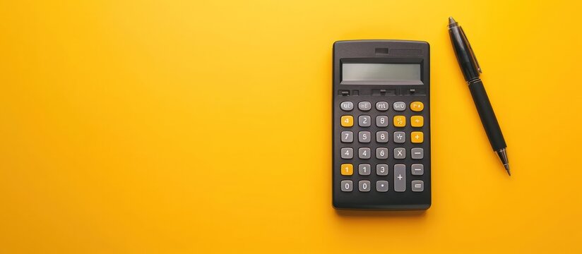 Top view calculator and black pen on yellow background. Generated AI image