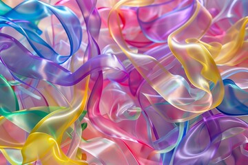 Fluid iridescent ribbons gracefully swirling, intermingling to create a mesmerizing dance of neon colors in motion.