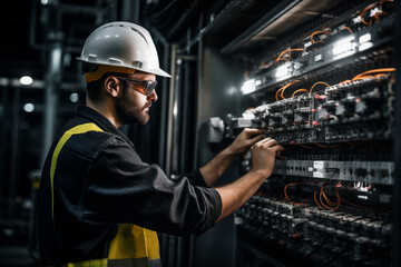 Male commercial electrician at work on a fuse box, adorned in safety gear, demonstrating professionalism - obrazy, fototapety, plakaty