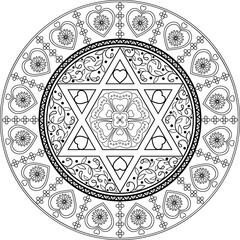 Day of love mandala with detailed floral elements and six pointed star. Use for coloring book, holiday greeting card design