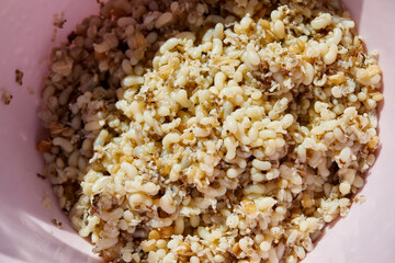 Close-up of red ant eggs in bowl