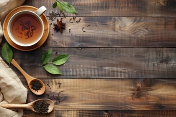 A cup of tea on a wooden background with tea tree petals. Tea party background with copy space