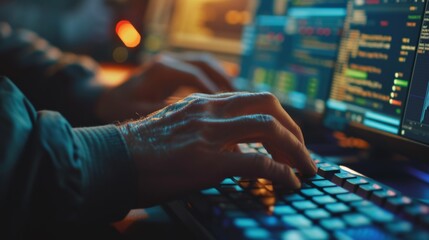 The engineer's hands should be captured mid-action, typing lines of code or performing data manipulations on a computer screen filled with tables and graphs.