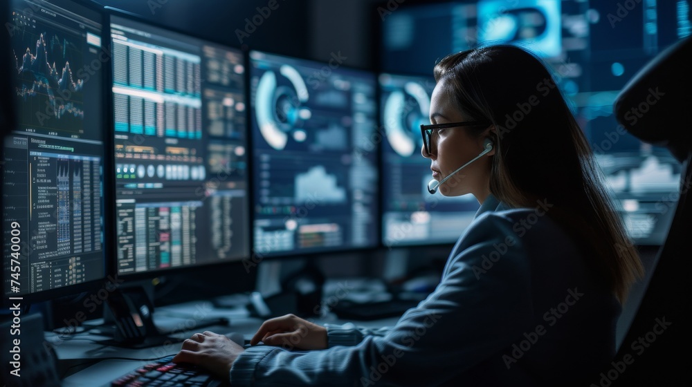 Poster a detailed, hyper realistic photograph of a data analyst deeply engrossed in work. they are surround
