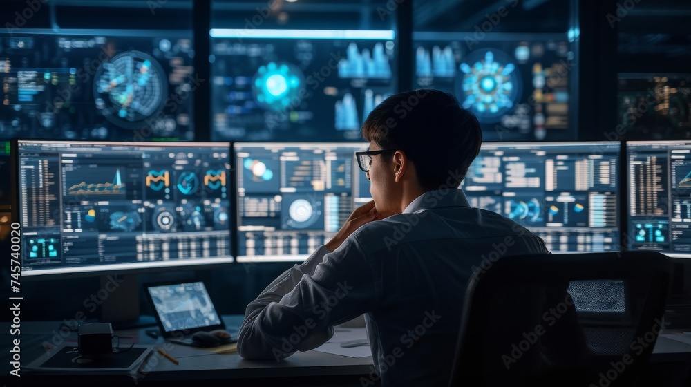 Poster a detailed, hyper realistic photograph of a data analyst deeply engrossed in work. they are surround