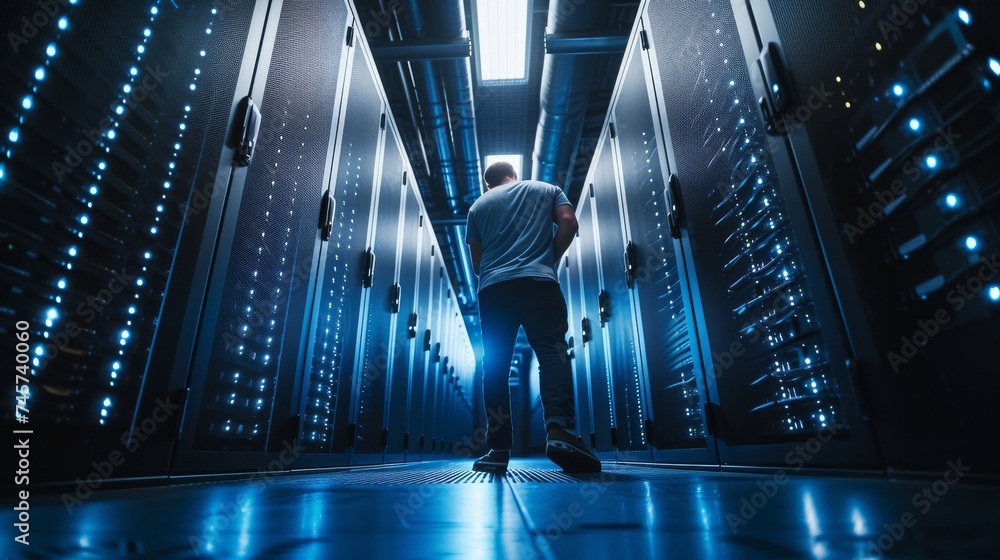 Poster a dynamic, wide angle shot of a data engineer in a server room, actively engaged in real-time data p