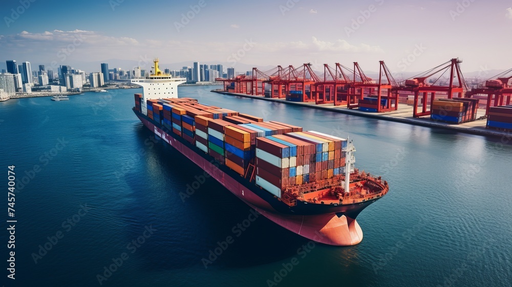 Poster aerial top view of container ship loading and unloading, cargo container in deep seaport for the int