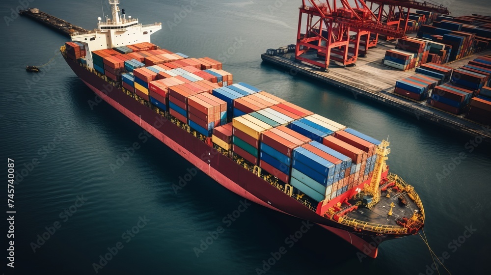 Poster aerial top view of container ship loading and unloading, cargo container in deep seaport for the int