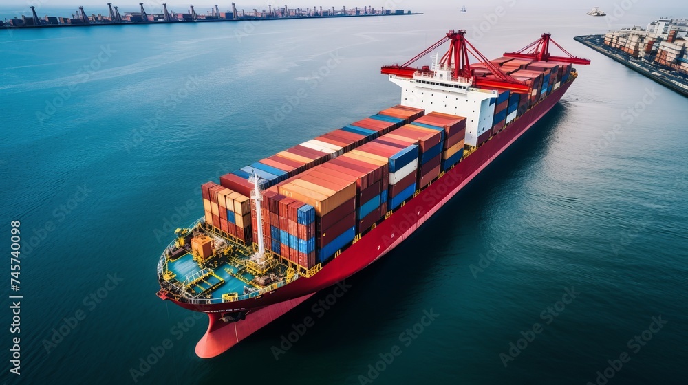 Poster aerial top view of container ship loading and unloading, cargo container in deep seaport for the int