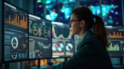 A detailed, hyper realistic photograph of a data analyst deeply engrossed in work. They are surrounded by multiple large computer monitors displaying complex data sets, charts, and graphs. - obrazy, fototapety, plakaty