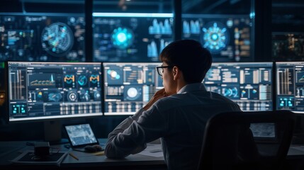 A detailed, hyper realistic photograph of a data analyst deeply engrossed in work. They are surrounded by multiple large computer monitors displaying complex data sets, charts, and graphs. - obrazy, fototapety, plakaty