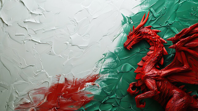 abstract  flag of Wales background with Red Dragon or Y Ddraig Goch - AI Generated Abstract Art