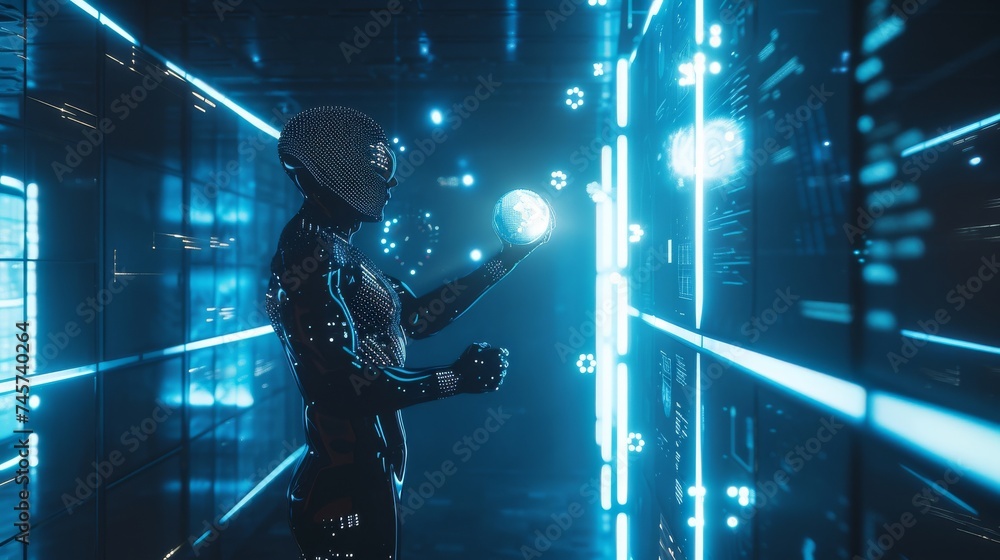 Poster a futuristic data engineer at work in a sleek, high tech control room, surrounded by holographic dat