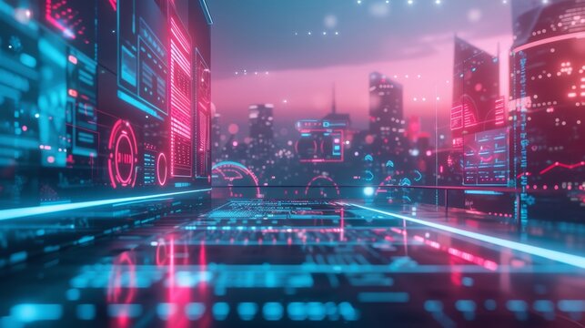 A futuristic CRM interface with holographic customer profiles, personalized data analytics, and real time engagement metrics. The backdrop features a bustling cityscape at dusk.