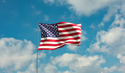 Flag United States against cloudy sky. Country, nation, union, banner, government, american culture, politics. 3D illustration