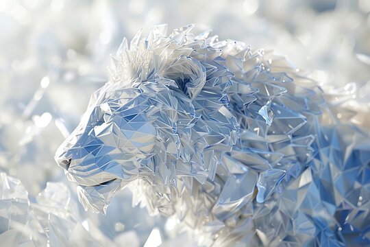 Lion Sculpted from Ice and Crystal in Low Polygon Art - A majestic 3D render of a lion, crafted from ice and crystal shards, presented in a modern low polygon art style