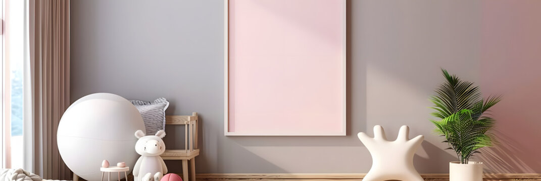 Mockup minimalist children's room with mock up poster frame close up on wall