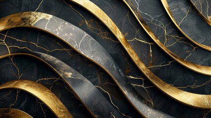 Gleaming gold tendrils entwine, dancing along sleek obsidian edges, crafting a mesmerizing geometric tapestry. - obrazy, fototapety, plakaty