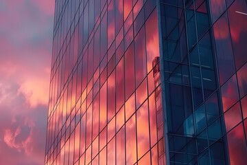 The orange pink sky reflecting off the sleek gl windows of a high rise office building - obrazy, fototapety, plakaty