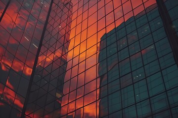 The orange pink sky reflecting off the sleek gl windows of a high rise office building