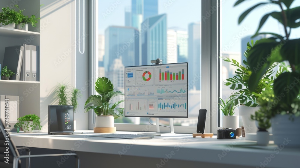 Poster a vibrant, ultra detailed image showcasing a modern data analyst's workspace. the scene is set in a 