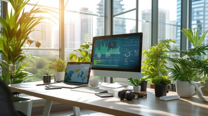 A vibrant, ultra detailed image showcasing a modern data analyst's workspace. The scene is set in a bright, airy office with panoramic windows revealing a bustling cityscape. - obrazy, fototapety, plakaty