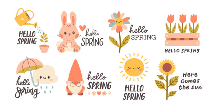Hello spring quotes set. Floral springtime hand drawn prints design. Positive phrases for stickers, postcards or posters