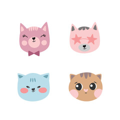 Different cute cartoon cats set, cat with the bow tie, cat with sunglasses. Vector illustration