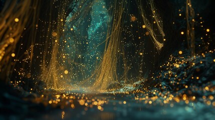 Luminescent golden threads weave through the abyss, sculpting an ethereal masterpiece upon the canvas of midnight.