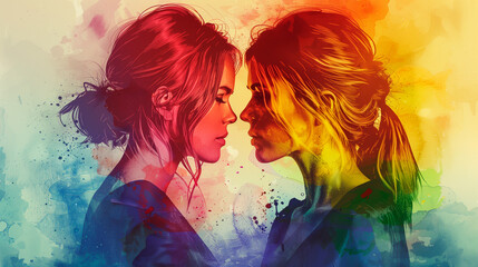 Painted poster with two lesbian women in rainbow colors