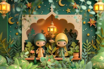Ramadan Kareem background, Cute muslim dolls with arabic lanterns and crescent moon