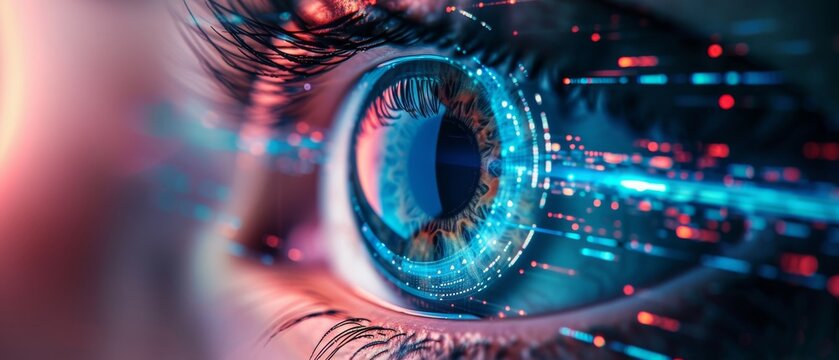Digital surveillance and ID verification, with the eye sharply in focus against a subtly blurred background. Holographic elements should be futuristic.