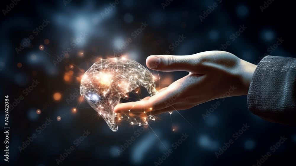 Poster ai, machine learning, hands of robot and human touching big data of global network connection, inter