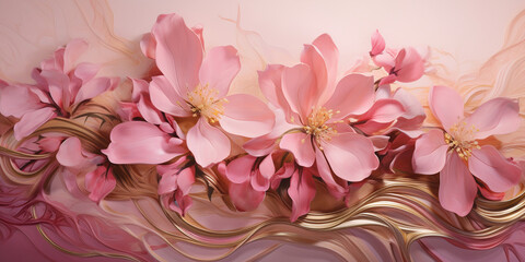 flower with gold leaves and pink flowers, pink rose flowers background, A pink and white floral design