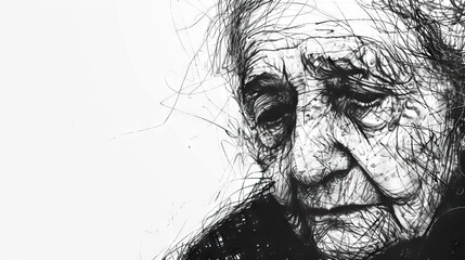 a black and white scribble drawing of a sad old woman with copy space - AI Generated Abstract Art