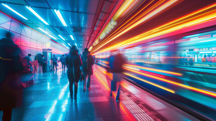 Commuters silhouettes in subway station. Rush hour in public transport with abstract colorful light trails - obrazy, fototapety, plakaty
