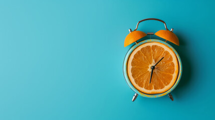 Layout of fresh orange slice alarm clock on pastel blue background
