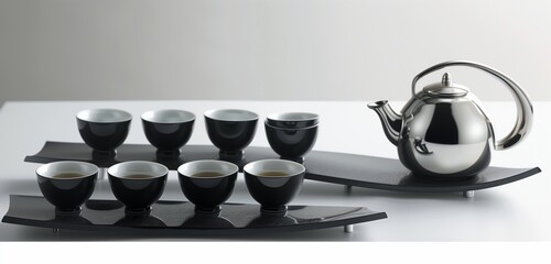 Obraz na płótnie Canvas A minimalist tea ceremony with sleek black ceramic cups and a polished silver kettle.