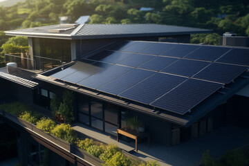 Solar panels on house roof. Renewable energy. Energy saving. Installation of solar panels on house. Electricity with the sun.